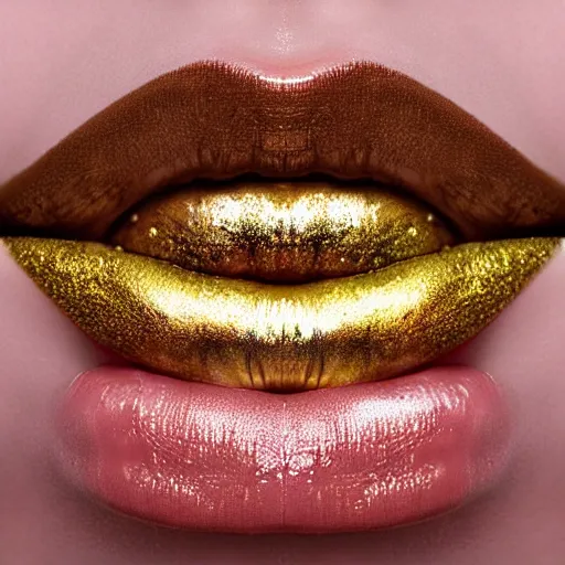 Image similar to beautiful mouth with golden lips, realistic, detailed, glossy lips,