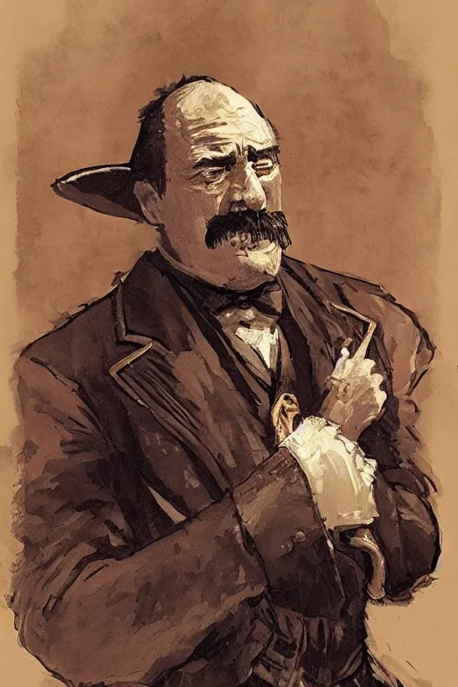 Prompt: vernon. Smug old west circus strongman. concept art by James Gurney.