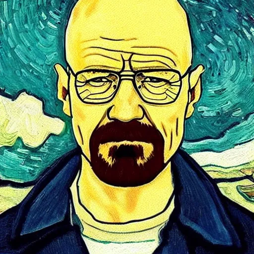 Image similar to a scene from breaking bad featuring walter white painted by van gogh