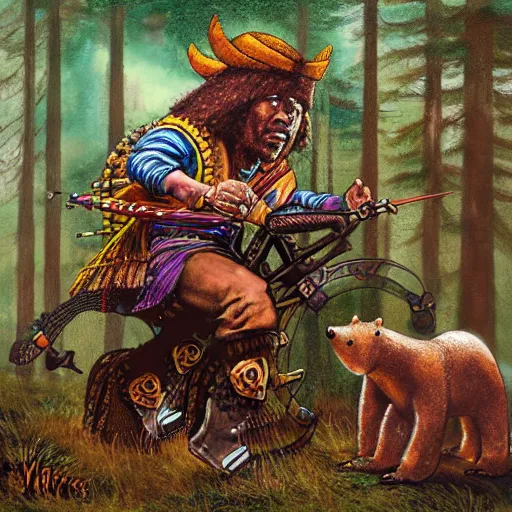 Image similar to jimi hendrix as a viking riding a mechanical robot bear through the russian forest by keith thompson