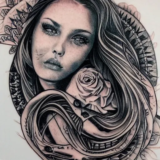 Image similar to tattoo design of a beautiful girl face, hyper detailed, in the design of eliot kohek