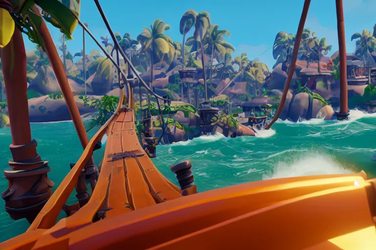 Prompt: gameplay screenshot of roller coaster in sea of thieves, unreal, 4 k