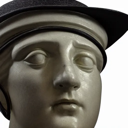 Image similar to a neon circle as a hat on a renaissance statue head, black background, ray tracing, 8 k resolution, sharp focus, hyper detailed, hyper realistic