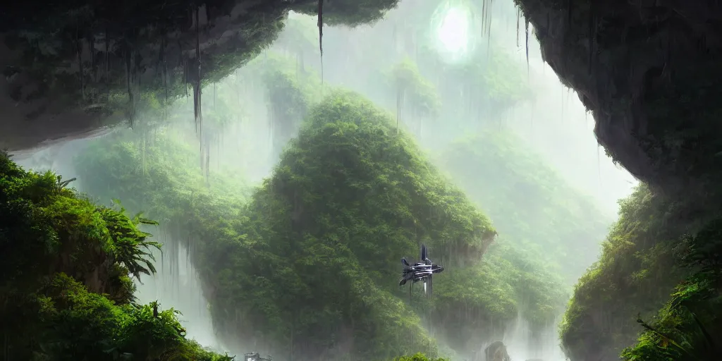 Prompt: an intricate concept art of a human starship landing on an open cave in middle of a rainforest amazon with alien tribe huts, gloomy, sci - fi art, star wars concept environment, cinematic lighting, artstation, art by tony sart,