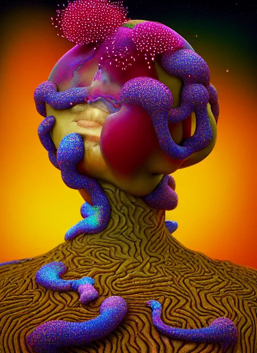 Image similar to hyper detailed 3d render like a Oil painting - Aurora (gilded faced Singer) seen Eating of the Strangling network of yellowcake aerochrome and milky Fruit and Her delicate Hands hold of gossamer polyp blossoms bring iridescent fungal flowers whose spores black out the foolish stars by Jacek Yerka, Mariusz Lewandowski, Houdini algorithmic generative render, Abstract brush strokes, Masterpiece, Edward Hopper and James Gilleard, Zdzislaw Beksinski, Mark Ryden, Wolfgang Lettl, hints of Yayoi Kasuma, octane render, 8k