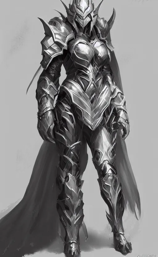 Image similar to Character Concept art of a female in white and black knight dragon armor. By artstation trending, cgsociety. Highly detailed