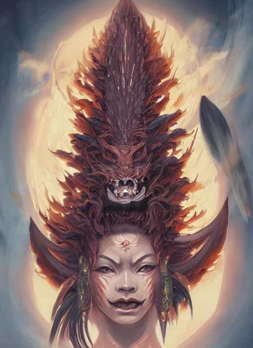 Prompt: a beautiful detailed oil on copper art illustration of a waka onna mask shogun dragon devil woman, centered, by charlie bowater, zeng fanzh, trending on artstation, dim dusk lighting, cinematic lighting, detailed lighting, volumetric lighting, realistic, f 8, 4 k hd wallpaper