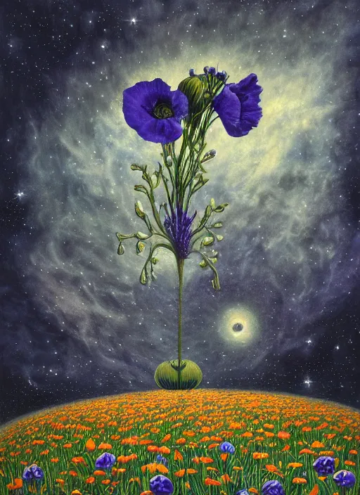 Image similar to detailed, intricate blue black and purple papaverum flower on the field, nebula, galaxy in the sky, winning award masterpiece, fantastically beautiful, illustration, aestheticly inspired, jacek yerka, upscale with anguissola sofonisba work, artstation, 8 k