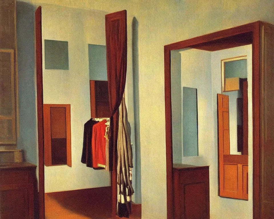 Prompt: achingly beautiful painting of a sophisticated, well - decorated closet by rene magritte, monet, and turner. whimsical.