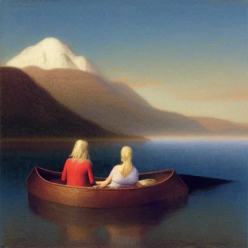Prompt: “ girls sitting in canoe on the hudson river drinking beer!!!!!!!!, mountains in fog background, painting, by odd nerdrum ”