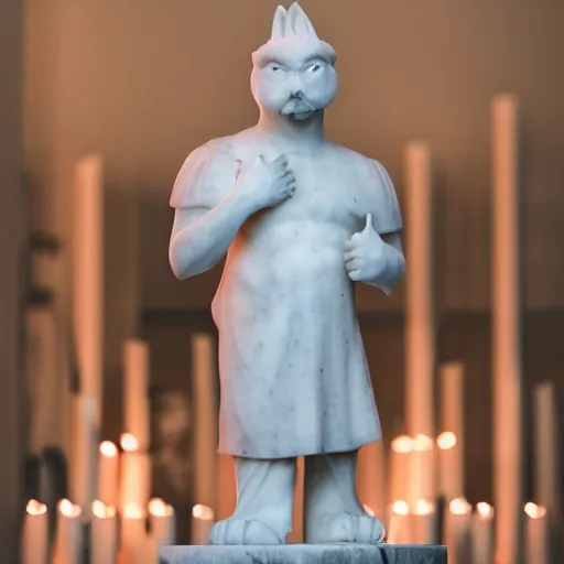Prompt: a white marble statue of the reddit mascot in a darkened room surrounded by lit candles