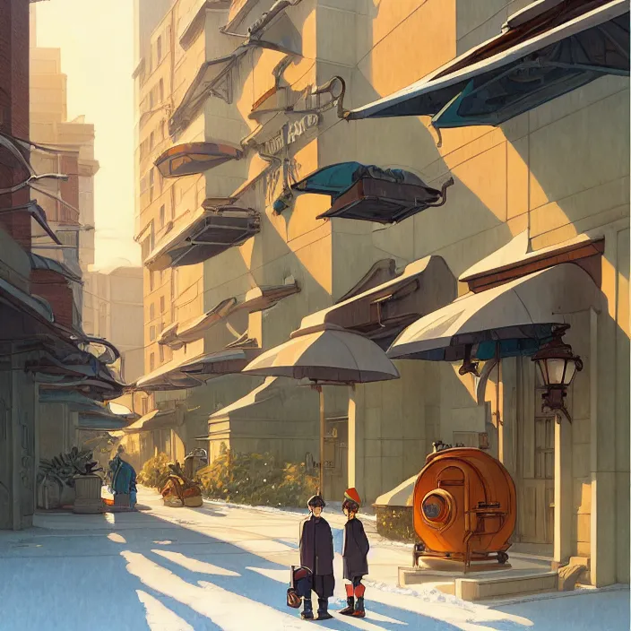 Image similar to empty florida big city, winter, in the style of studio ghibli, j. c. leyendecker, greg rutkowski, artem