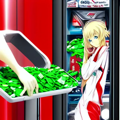 Prompt: beautiful blonde anime elf girl stuffing leaves in a coke vending machine, high quality anime art digital