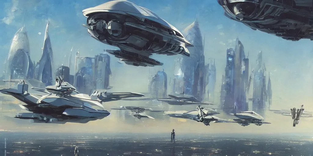 Image similar to gorgeous sci fi imagery | landing spot | space and city flying craft | futuristic | beautiful couple in the foreground heading to their hovering transport | futurism | modern couple | futuristic cityscape in the background | medium angle | by john berkey, greg rutkowski, james gurney