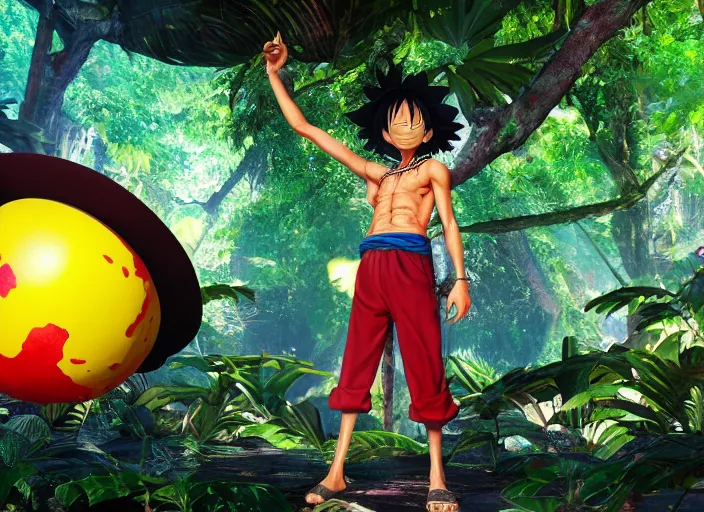 Image similar to a cg render of a colorful luffy in a noir galactic jungle, 8 k, unreal engine, detailed, hyperrealistic, octane