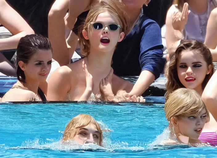 Image similar to emma watson and taylor swift and selena gomez swim together. perfect faces.