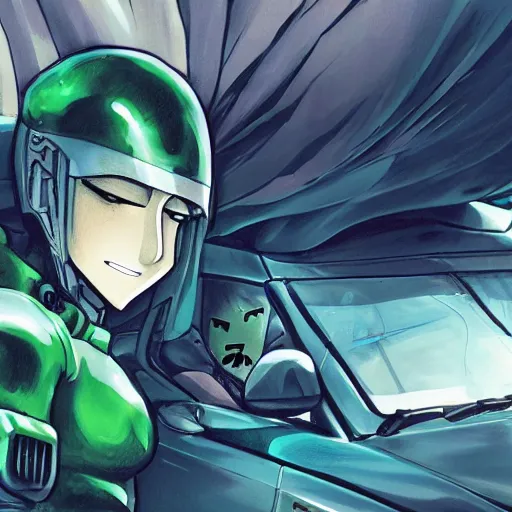 Image similar to blue knight in a green hatchback car, close up, anime, desert landscape, greg manchess, akehiko inoue and ross tran, Pyromallis Nekro Rene Margitte, Murata, one punch man manga, fight dragon