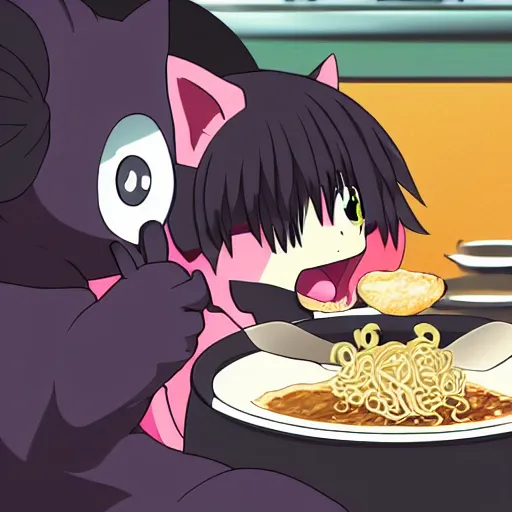 Image similar to anime catgirl eating ramen protecting her bowl claws out hissing