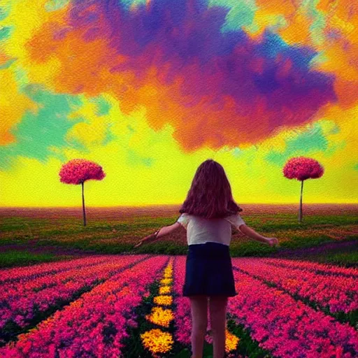 Image similar to large flower face, girl standing in a flower field, surreal photography, sunrise dramatic light, impressionist painting, colorful clouds, digital painting, pointillism, artstation, simon stalenhag