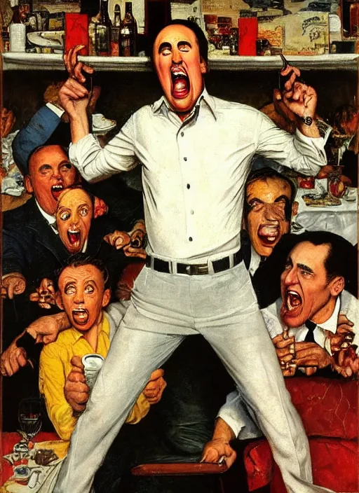 Prompt: full body and head portrait of nicholas cage screaming about crazy evil in a restaurant and being restrained by the manager, painted by norman rockwell and tom lovell and frank schoonover