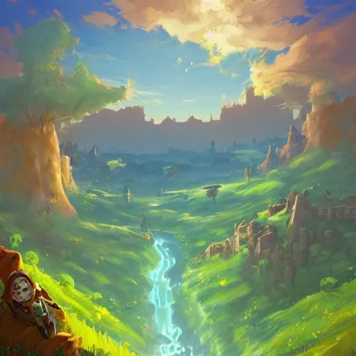 Image similar to a beautiful digital matte painting of a verdant fantasy countryside, breath of the wild, hyrule, inspired by cyril rolando, david wiesner, many golden layers, orange color tone, very far royal steampunk castle, cgsociety, tarot card, trending on artstation, azure sky