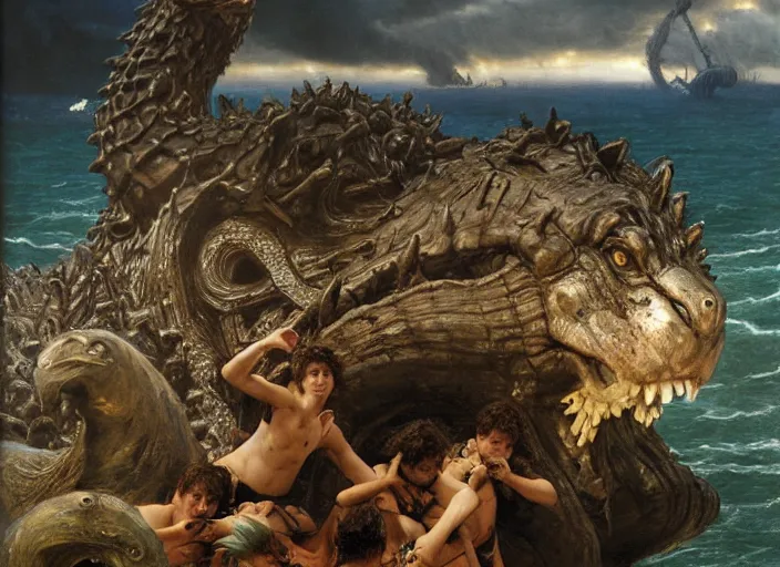 Image similar to godzilla attacking the raft of the medusa, painting by lawrance alma - tadema, 4 k, hyper - realistic, highly detailed