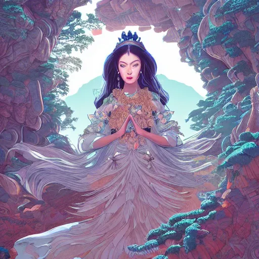 Image similar to ethereal ancient princess in the mountains, extremely detailed, sharp focus, wide view, full body shot, smooth, digital illustration, by james jean, by rossdraws, frank franzzeta, sakimichan