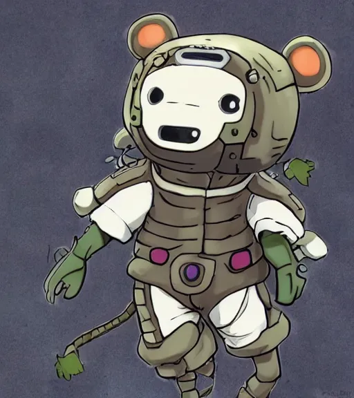 Image similar to attractive little boy wearing an cyborg bear suit, artwork in kentaro miura and made in abyss and sakimichan, inspired in super bomberman, smooth, beautiful lightness, anatomically correct, trending on pixiv, moon