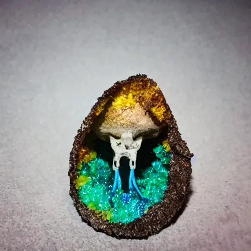 Image similar to tiny dinosaur skeleton inside a geode of colored crystals