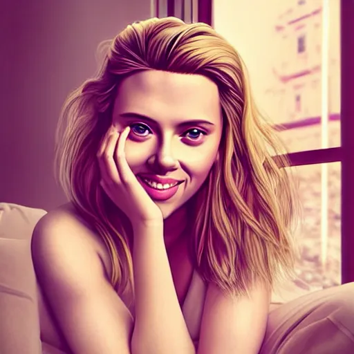 Image similar to intricate beautiful hyperreal portrait of a young scarlett johansson,, hair in a ponytail, smiling softly, casual clothes, relaxing on the couch, home interior, golden hour, close up shot, 8 k, art by irakli nadar, hyperrealism, hyperdetailed, ultra realistic