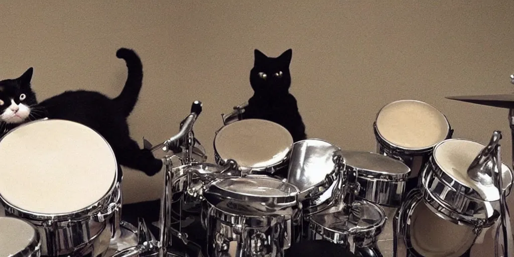 Image similar to a photo of a cat playing drums ironically and funny, meme ba da cha, joke punchline