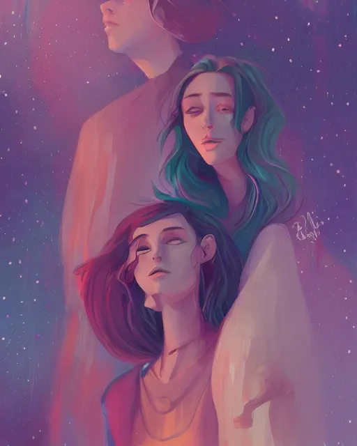 Prompt: beneath the stars, portrait, loish, lois van baarle, android jones and rhads, digital art