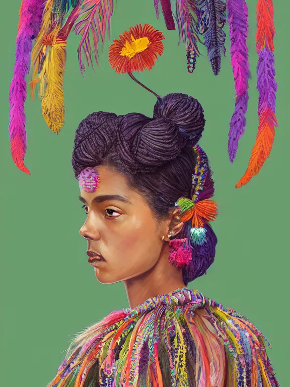 Prompt: beautiful portrait of a Subtropics minority female wearing fantastic Hand-dyed cotton dress, embellished beaded feather decorative fringe knots ,colorful pigtail,subtropical flowers and plants,symmetrical face,intricate,elegant, highly detailed, 8k,post-processing,digital painting, trending on artstation, concept art, sharp focus, illustration,by Steve McCurry and Tom Bagshaw and Daniel Gerhartz and Albert Aublet and Lawrence Alma-Tadema