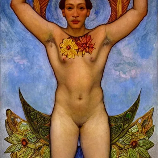 Image similar to the flower prince, by Annie Swynnerton and Nicholas Roerich and Diego Rivera, bioluminescent skin, floral tattoos, wings made out of flowers, elaborate costume, geometric ornament, symbolist, smooth, sharp focus, extremely detailed