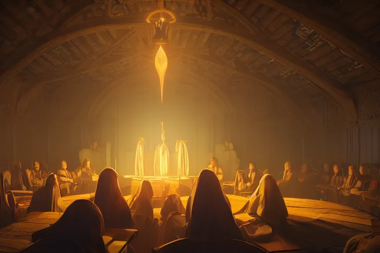 Image similar to cultist secret meeting taking place in an art deco townhall in a oriental medieval fantasy village. incredible voluminous indirect soft glow cinematic lighting, hyperdetailed features, movie still, intricate, octane render, unreal engine, crepuscular rays, god rays, by beeple and rhads and donato giancola