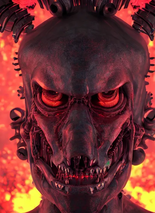 Prompt: a portrait up of a creepy looking biomechanical demon head, gigeresque cyberpunk art by ikuo hirayama, photorealism, octane render, behance hd, polycount, glowing fire background