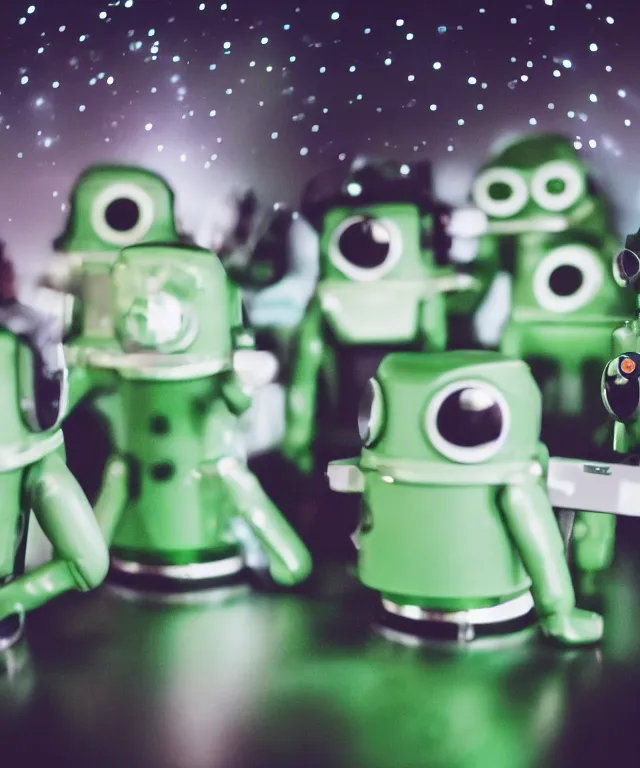 Image similar to high quality presentation photo of cute little green men from outer space, photography 4k f1.8 anamorphic bokeh 4k Canon Nikon