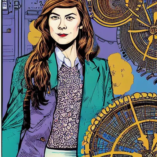 Image similar to rosamund pike with dark - hair as the doctor, wearing a colourful floral pattern three - piece suit, complementary colours, 2 d matte, graphic novel, art by laurie greasley and ardian syaf,