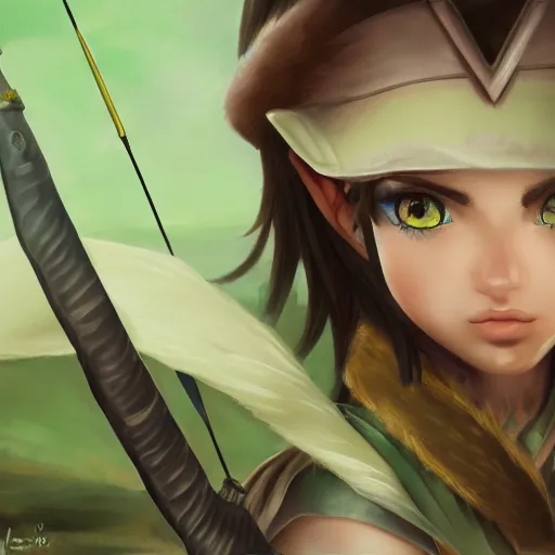 Image similar to a mixed media painting of a young elf archer aiming a bow at the camera close-up, WLOP, pixiv, 8k UHD