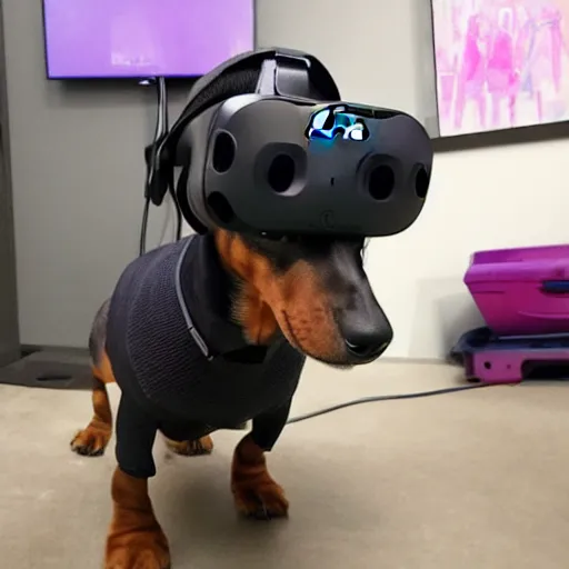 Prompt: dachshund dog wearing vr headset and htc vive trackers recording motion capture, artstation, eerie lighting, cyberpunk