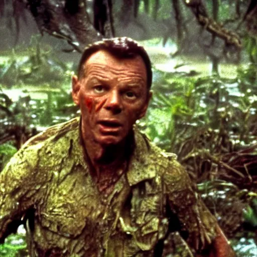 Image similar to cinematic still of frank sinatra, covered in mud and watching a predator in a swamp in 1 9 8 7 movie predator, hd, 4 k