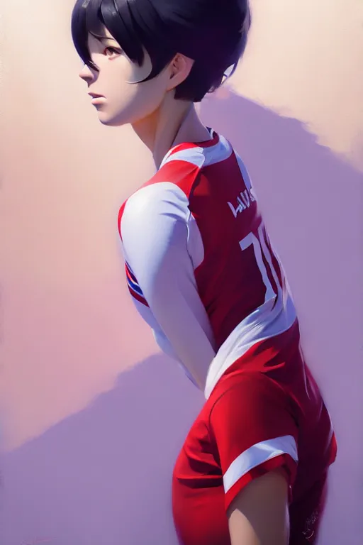 Prompt: A ultradetailed beautiful panting of a stylish woman wearing a volleyball jersey, Oil painting, by Ilya Kuvshinov, Greg Rutkowski and Makoto Shinkai