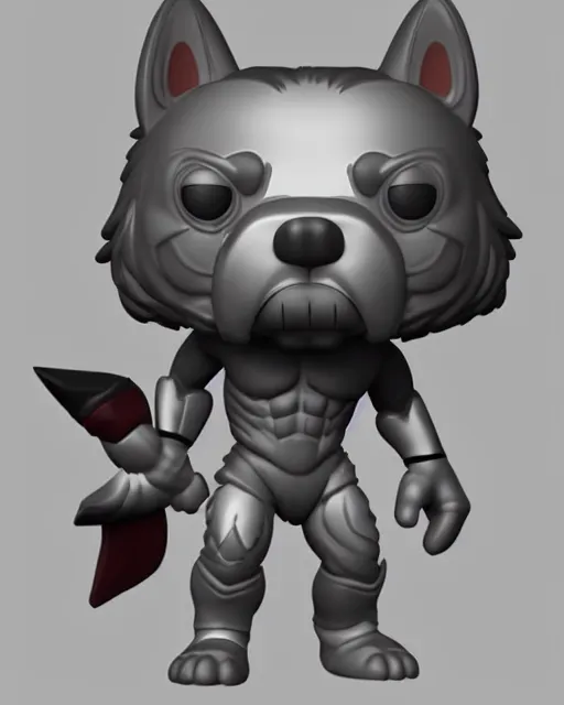 Image similar to full body 3 d render of warrior bara wolf as a funko pop!, studio lighting, grey background, no shadow, blender, trending on artstation, 8 k, highly detailed