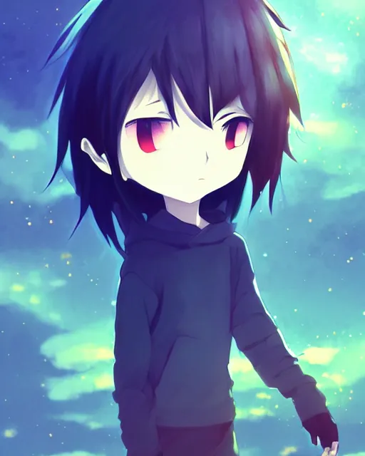 Image similar to chibi, cute, melancholy, full body, male anime character, long dark hair, stunning art style, filters applied, lunar time, night sky, trending art, sharp focus, centered, landscape shot, fate zero, simple background, studio ghiblyi, makoto shinkai, yuji yamaguchi, by wlop