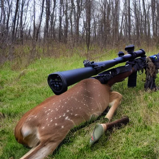 Image similar to Photograph of a deer pointing a rifle at a hunter