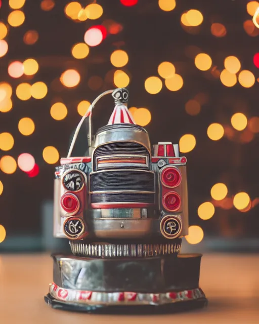 Image similar to high quality presentation photo of a detailed retro tin toy rocket ship, photography 4k, f1.8 anamorphic, bokeh, 4k, Canon, Nikon