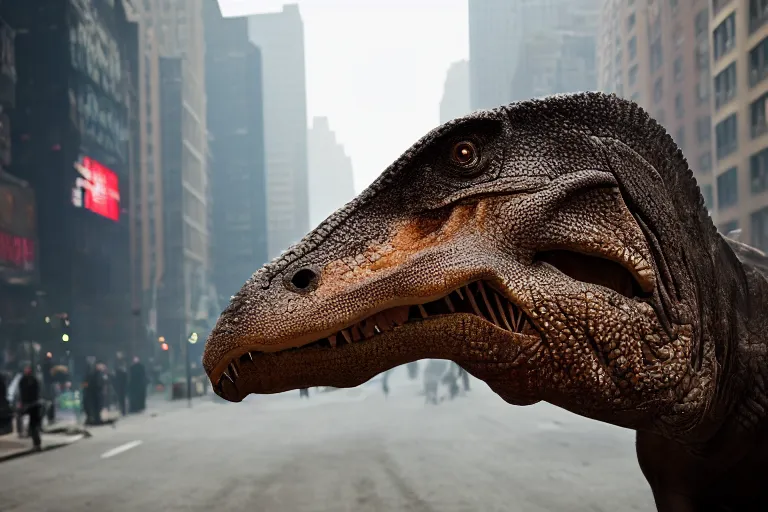 Image similar to close up portrait of a tyrannosaurus walking in a smoky street of new york, photograph, natural light, sharp, detailed face, magazine, press, photo, steve mccurry, david lazar, canon, nikon, focus