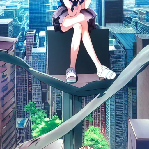 Image similar to Key Anime Visual a macro anime girl sitting on a miniature manhattan, official modern anime