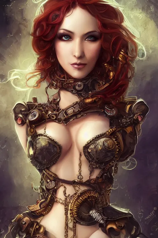 Image similar to three-quarters pose portrait of sensual Lady Mechanika, very beautiful young woman, ginger wavy hair, Intricate, steampunk imagery themed, D&D!, fantasy style, sharp focus!, ultra detailed, art by Artgerm and Peter Andrew Jones, WLUP