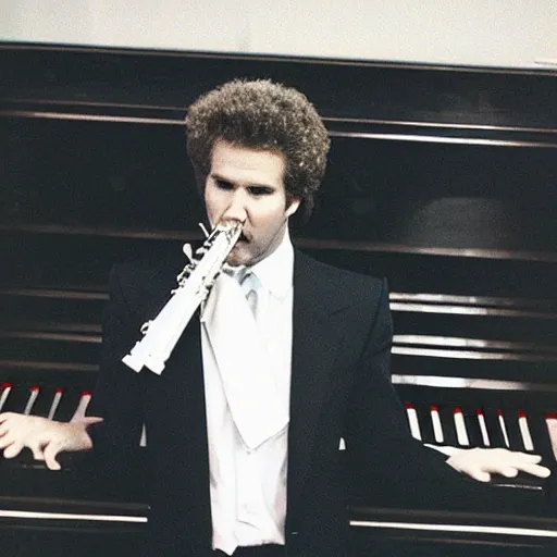 Image similar to will farrell wearing piano key necktie, 1 9 8 0 s, saxophone,